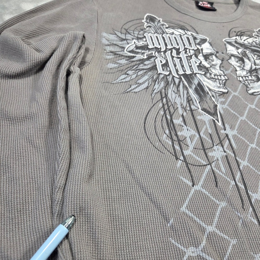 MMA Elite Mens XL Gray Waffle Knit Thermal Graphic Y2k Shirt Skulls Crosses Punk - Picture 2 of 10